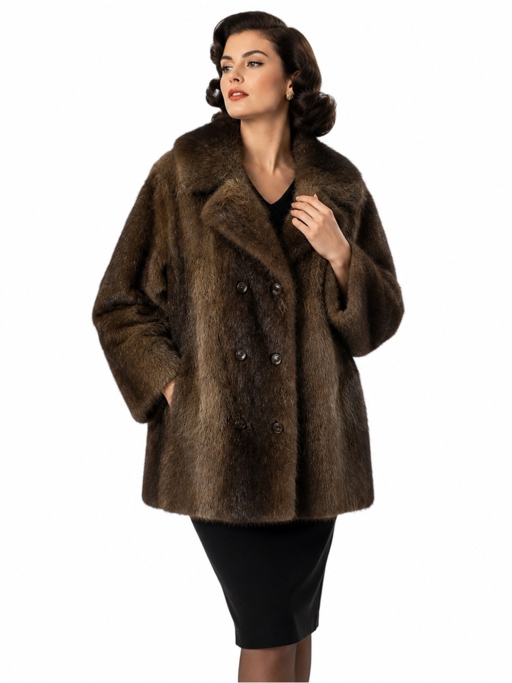 Vintage Beaver Fur Coat Brown Double Breasted Shawl Collar 1960s Lux Mid Length